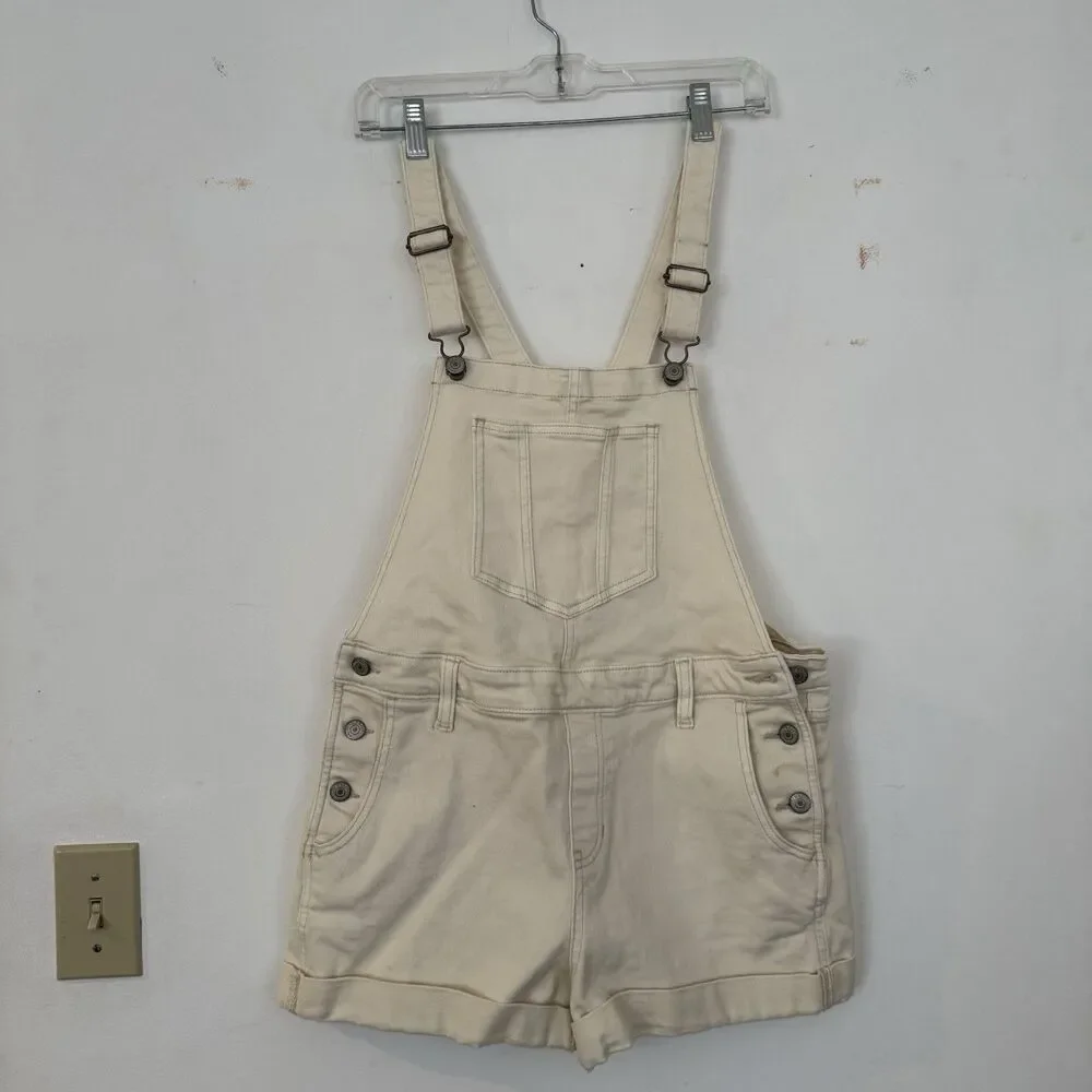 Old Navy Off White Cream Denim Shortalls Womens Medium Overalls 100% Cotton